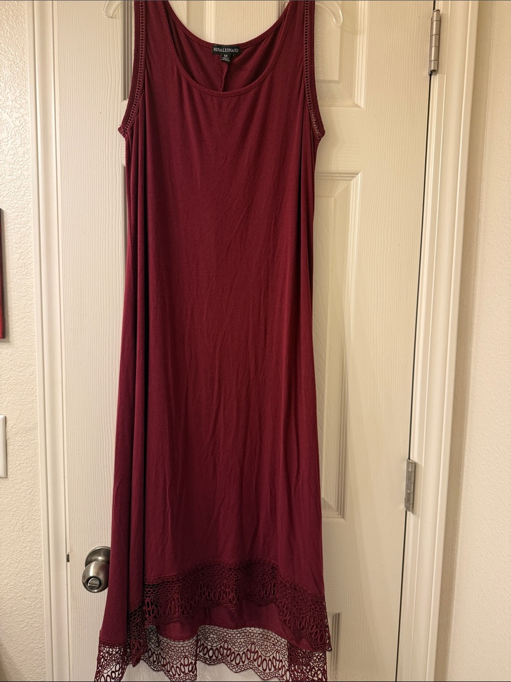 Nina Leonard Wine Sleeveless Midi Dress with Crochet Hem deep wine color